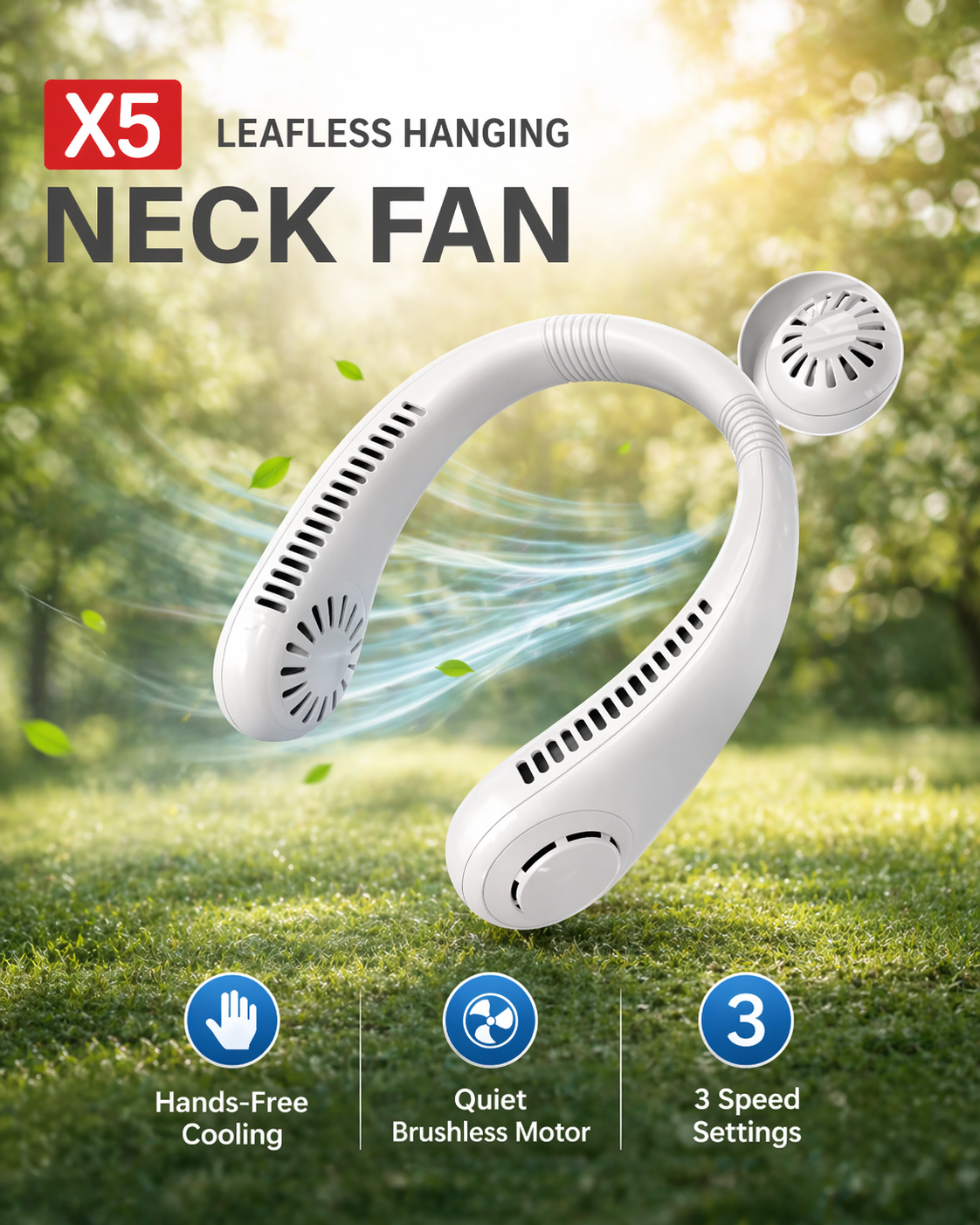 Leafless Hanging Neck Fan – Rechargeable Hands-Free Cooling Fan with 3 Speed Control
